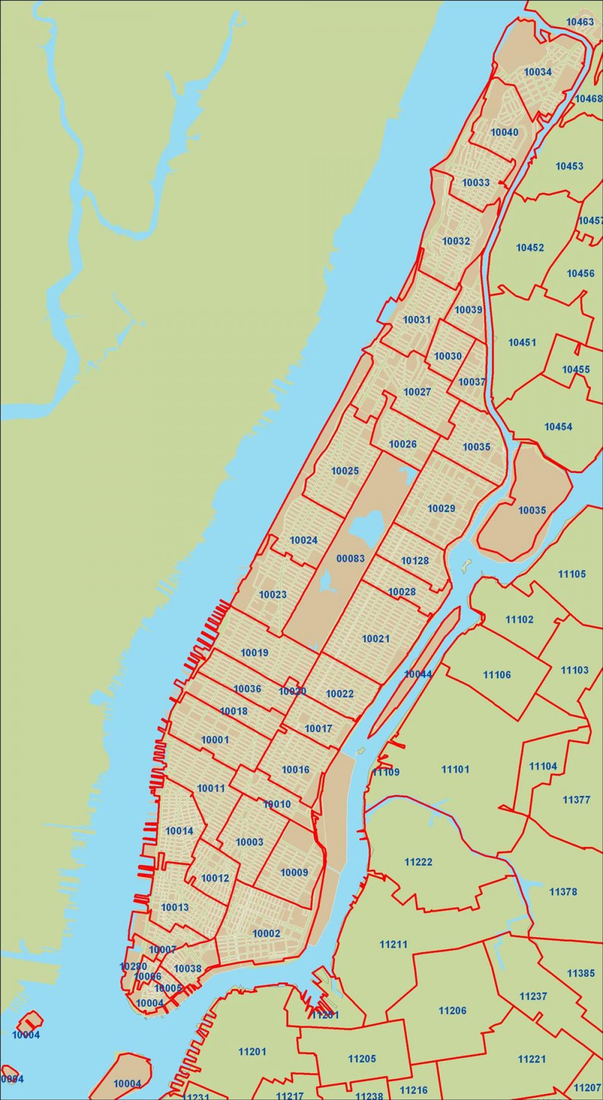 NYC საფოსტო კოდი რუკა, მანჰეტენზე